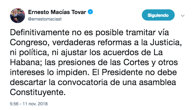 El trino del presidente del Congreso, Ernesto Macías Tovar.