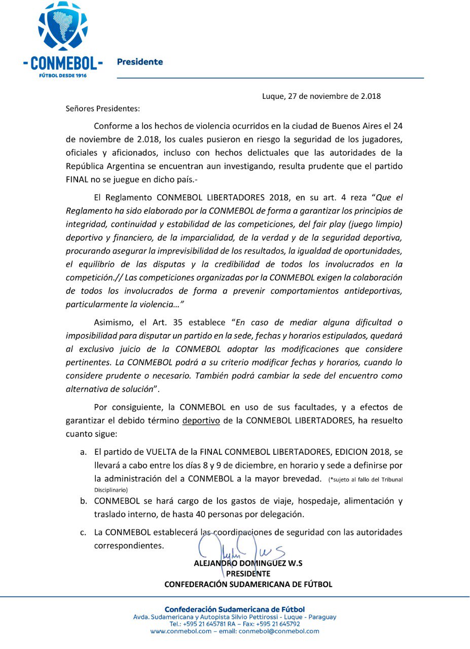 Comunicado de la Conmebol. 