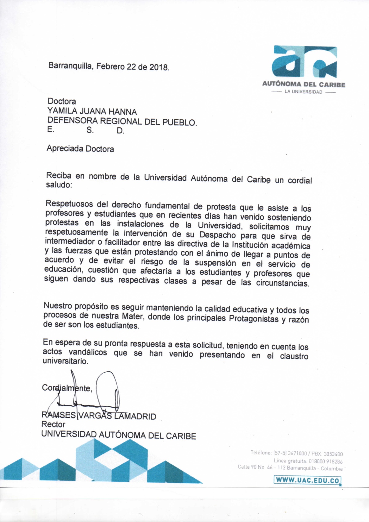 Carta de la Universidad Autónoma del Caribe dirigida a la Defensora del Pueblo Regional, Yamila Juana Hanna.