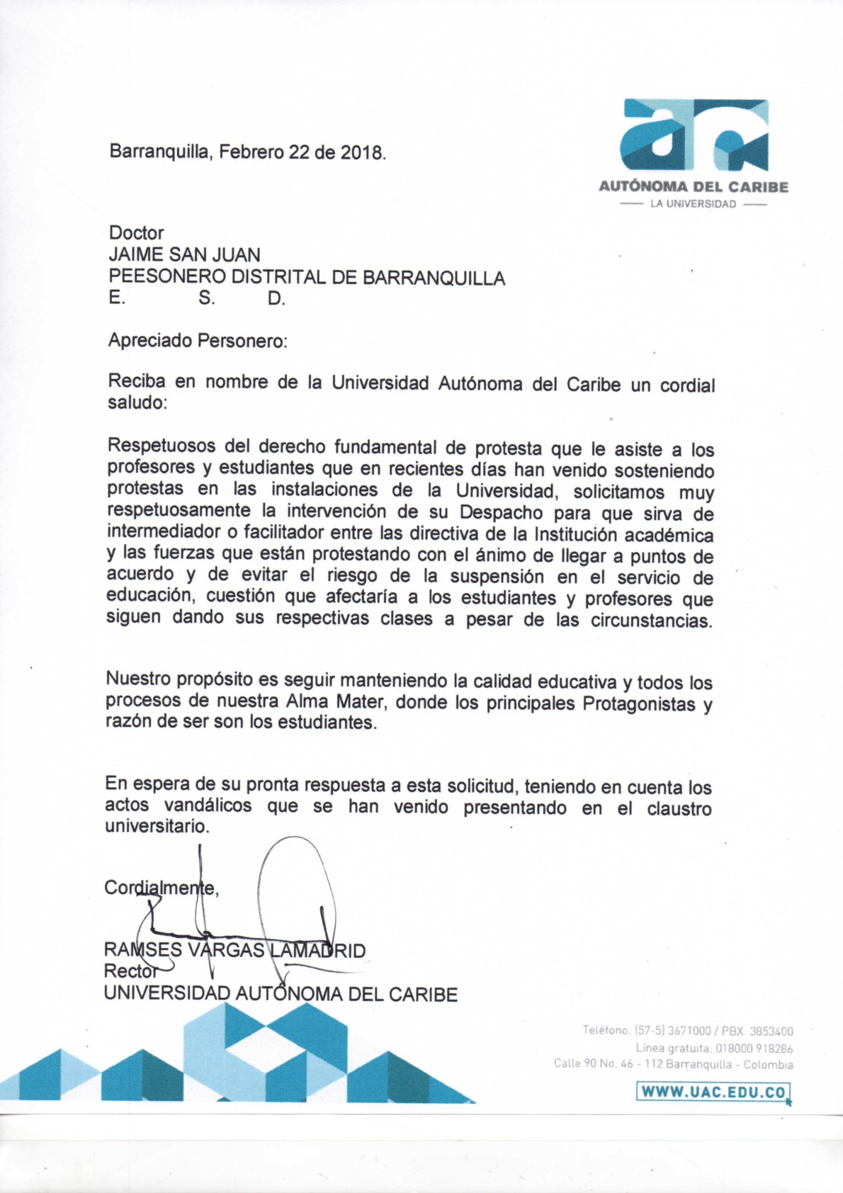 Carta de la Universidad Autónoma del Caribe dirigida al Personero de Barranquilla, Jaime Sanjuán.