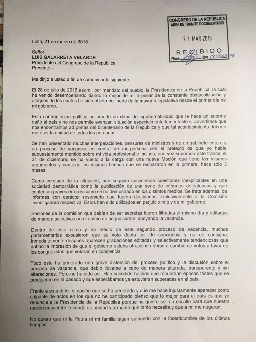 Primera parte de la carta de Pedro Pablo Kuczynski al Congreso de Perú.