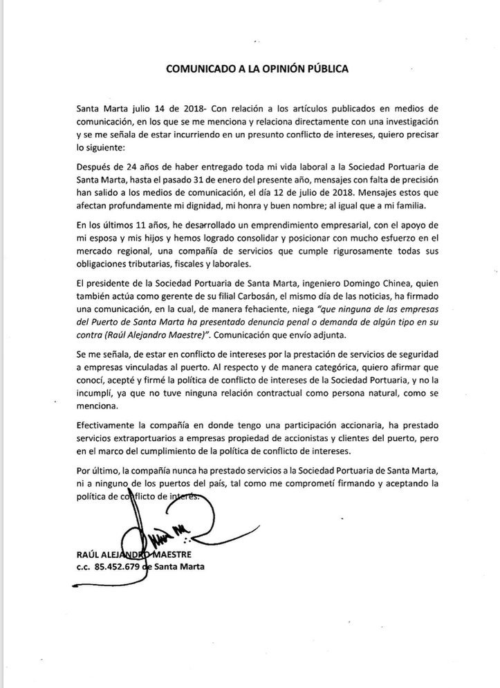 Comunicado firmado por Domingo Chinea Barrera, presidente de la Sociedad Portuaria de Santa Marta