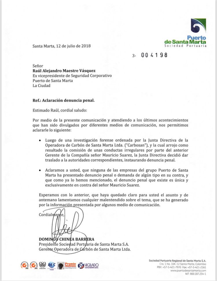 Comunicado firmado por Domingo Chinea Barrera, presidente de la Sociedad Portuaria de Santa Marta