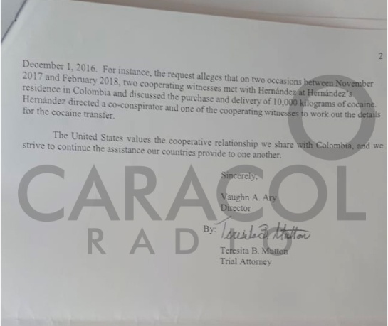 La carta enviada por Estados Unidos del Ministerio de Justicia.