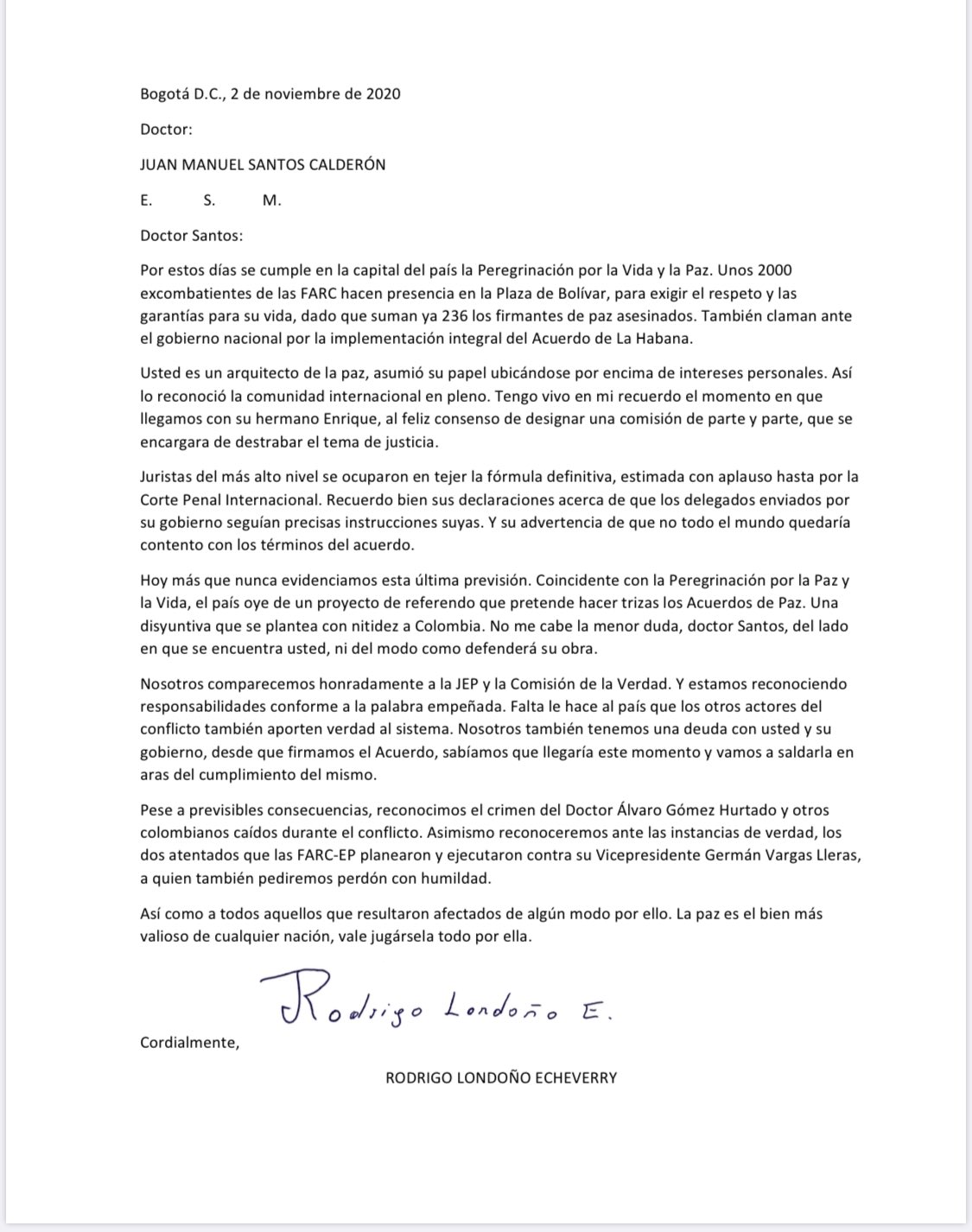 Carta de Rodrigo Londoño, 'Timochenko.