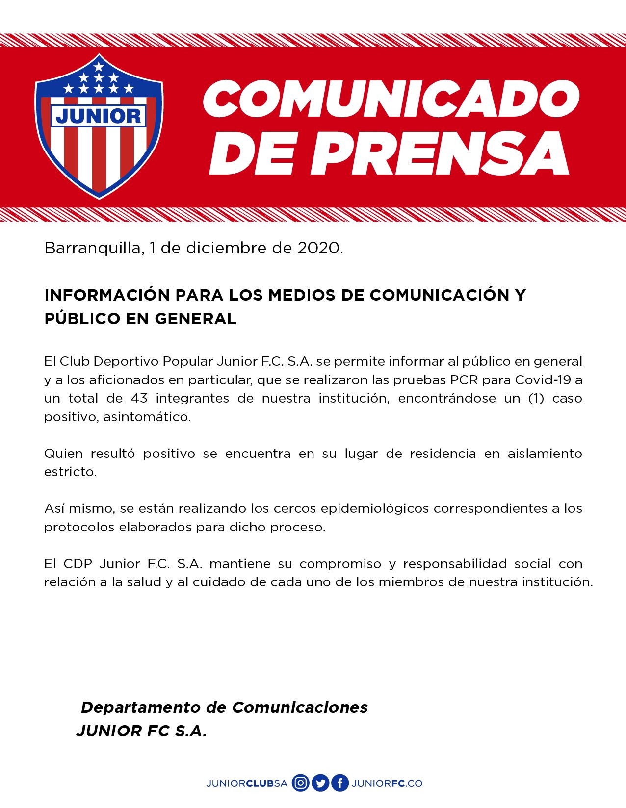 Comunicado de Junior. 