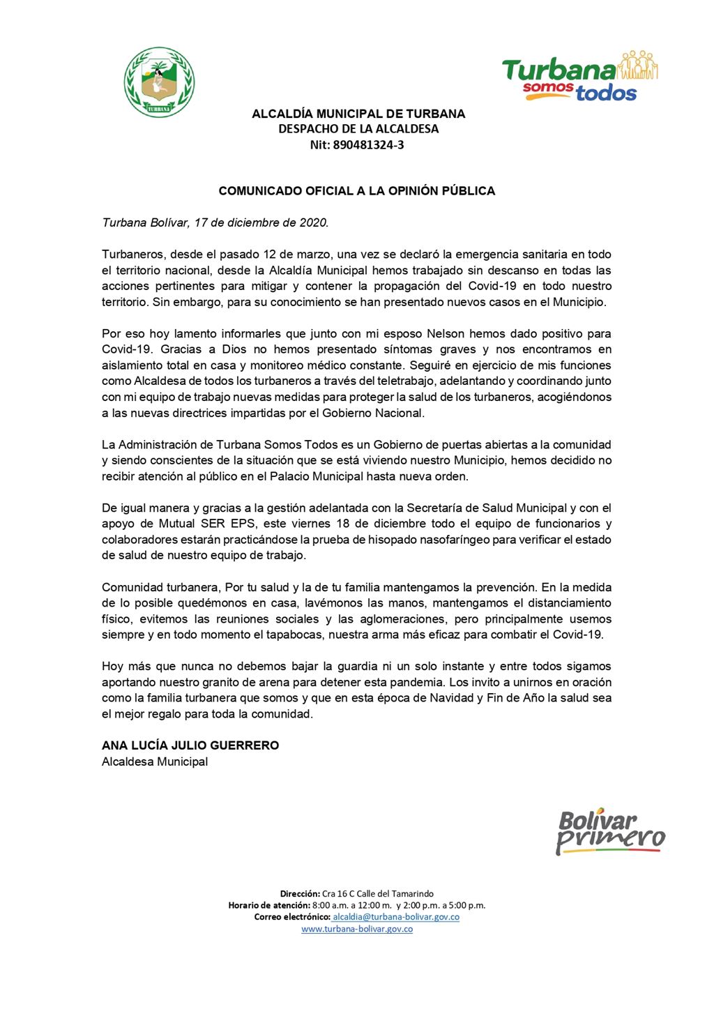 Comunicado de prensa de la Alcaldía de Turbana. 