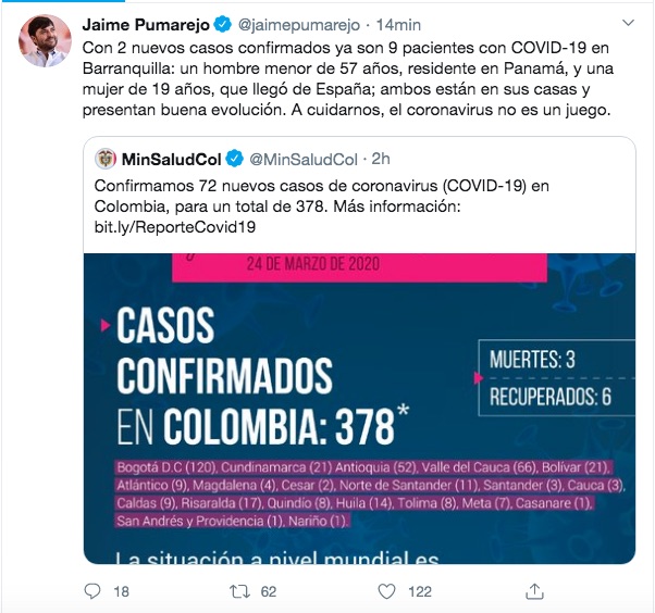 El Alcalde Jaime Pumarejo explicando los nuevos casos en Barranquilla.