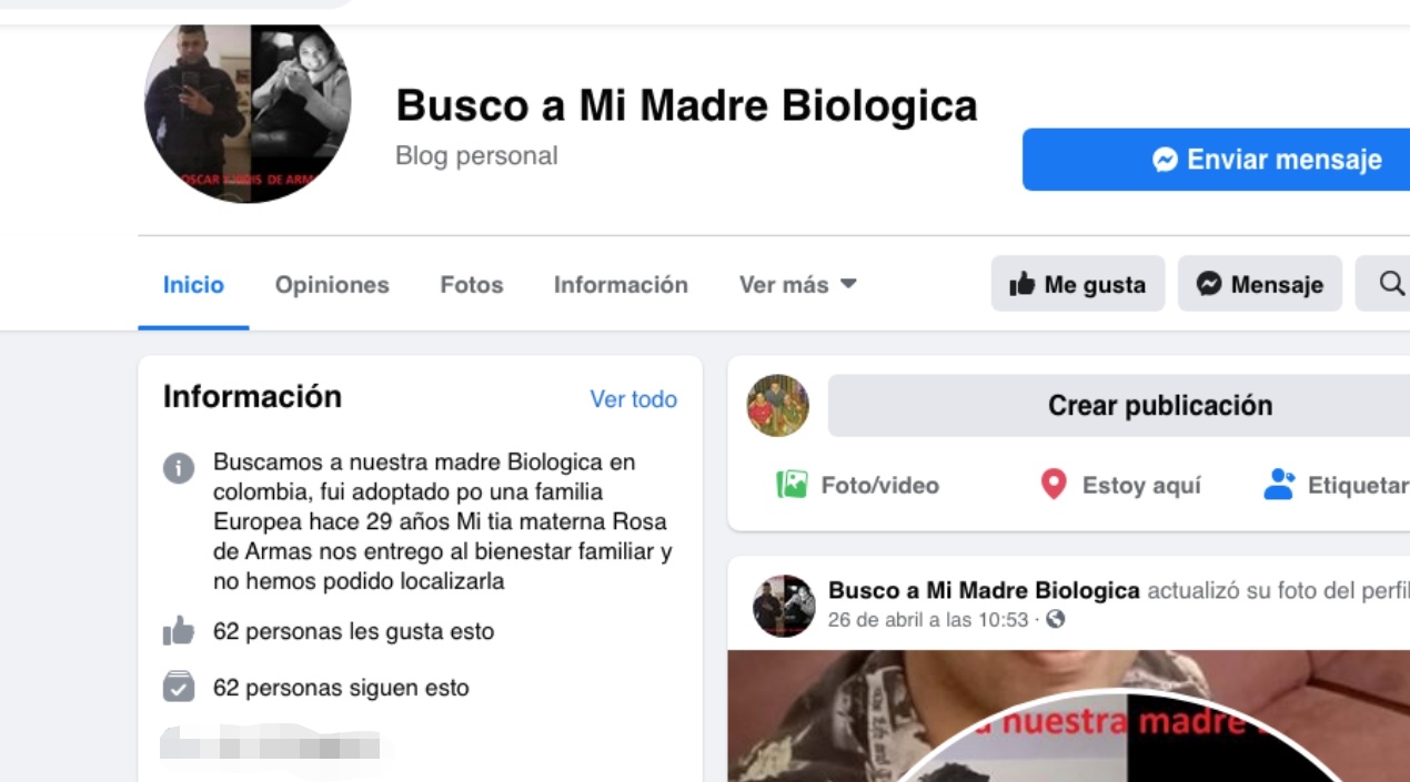 Perfil de Facebook creado para la busca de su familia biológica.