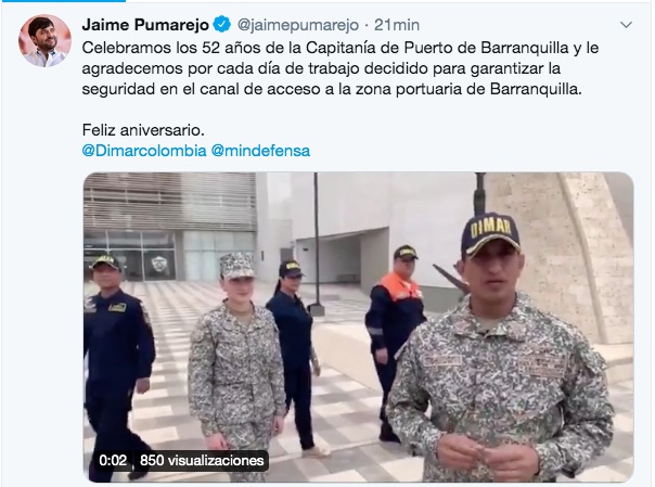 El Alcalde Jaime Pumarejo exaltando la labor de la Dimar en Barranquilla.