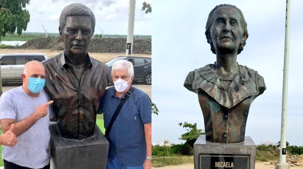 Christian Daes y Julio Comesaña con las estatuas del uruguayo y Micaela Lavalle. 