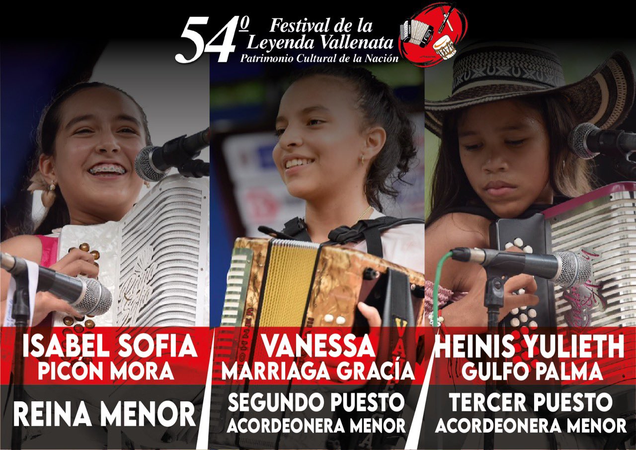 El cuadro de honor en la categoría acordeonera menor del Festival de la Leyenda Vallenata.