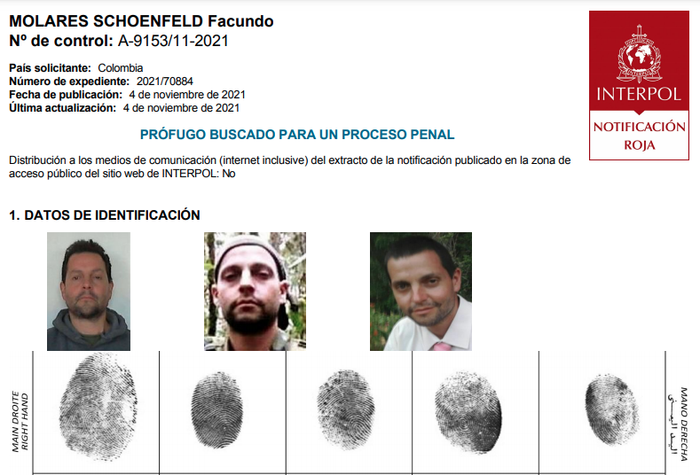 Notificación roja de Interpol contra alias 'Camilo'. 