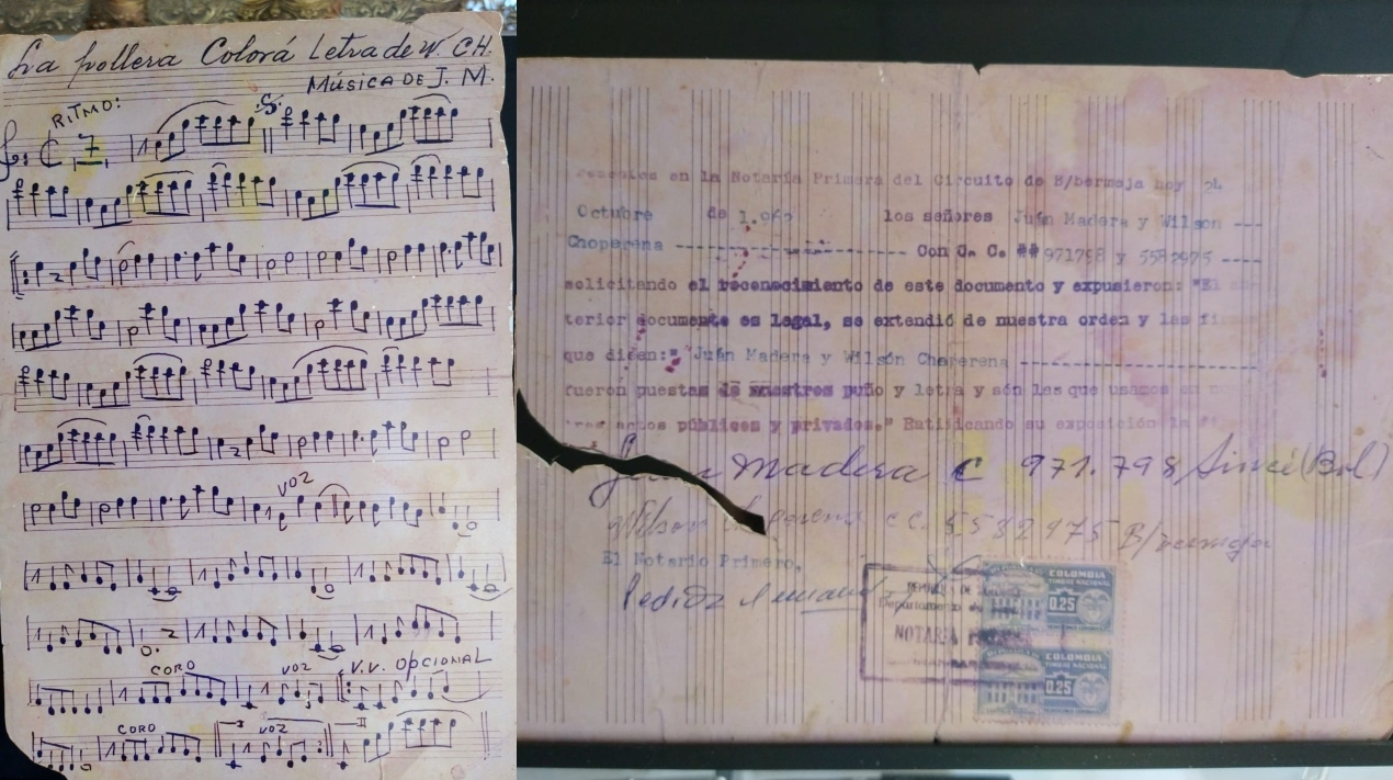 Facsímil de la partitura original de la 'Pollera Colorá', registrada ante notario en Barrancabermeja, y que se conserva en la Casa de la Cultura de Sincé.