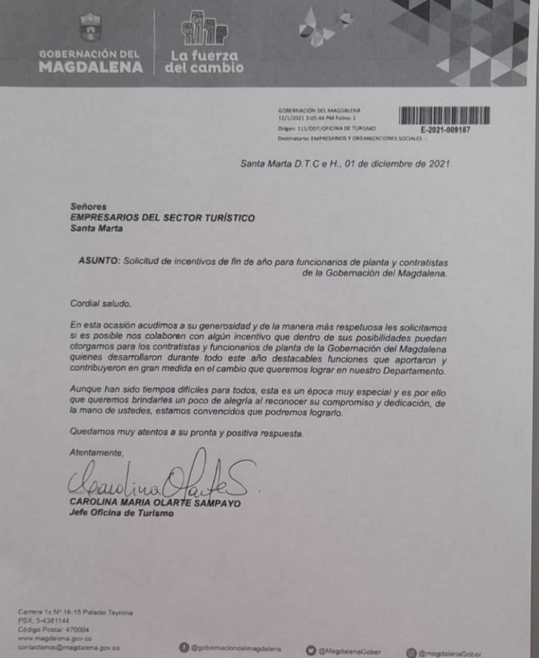 La carta que envió la Gobernación del Magdalena a los empresarios.