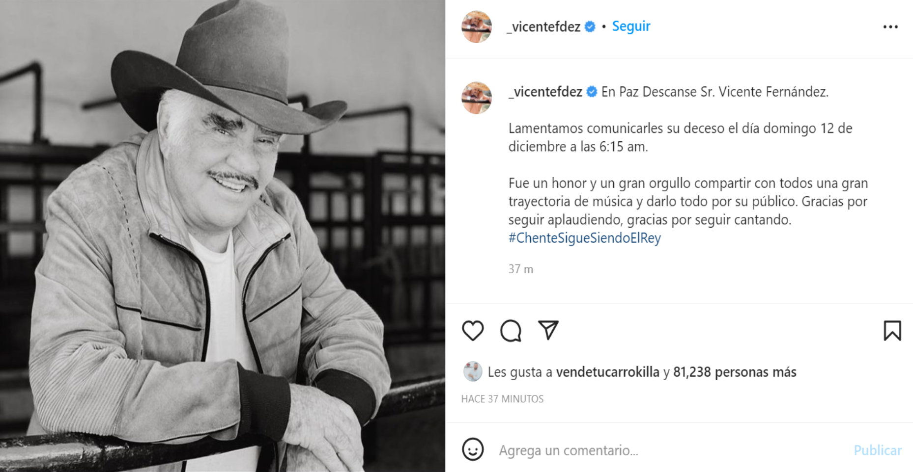 Comunicado sobre la muerte de Vicente Fernández.
