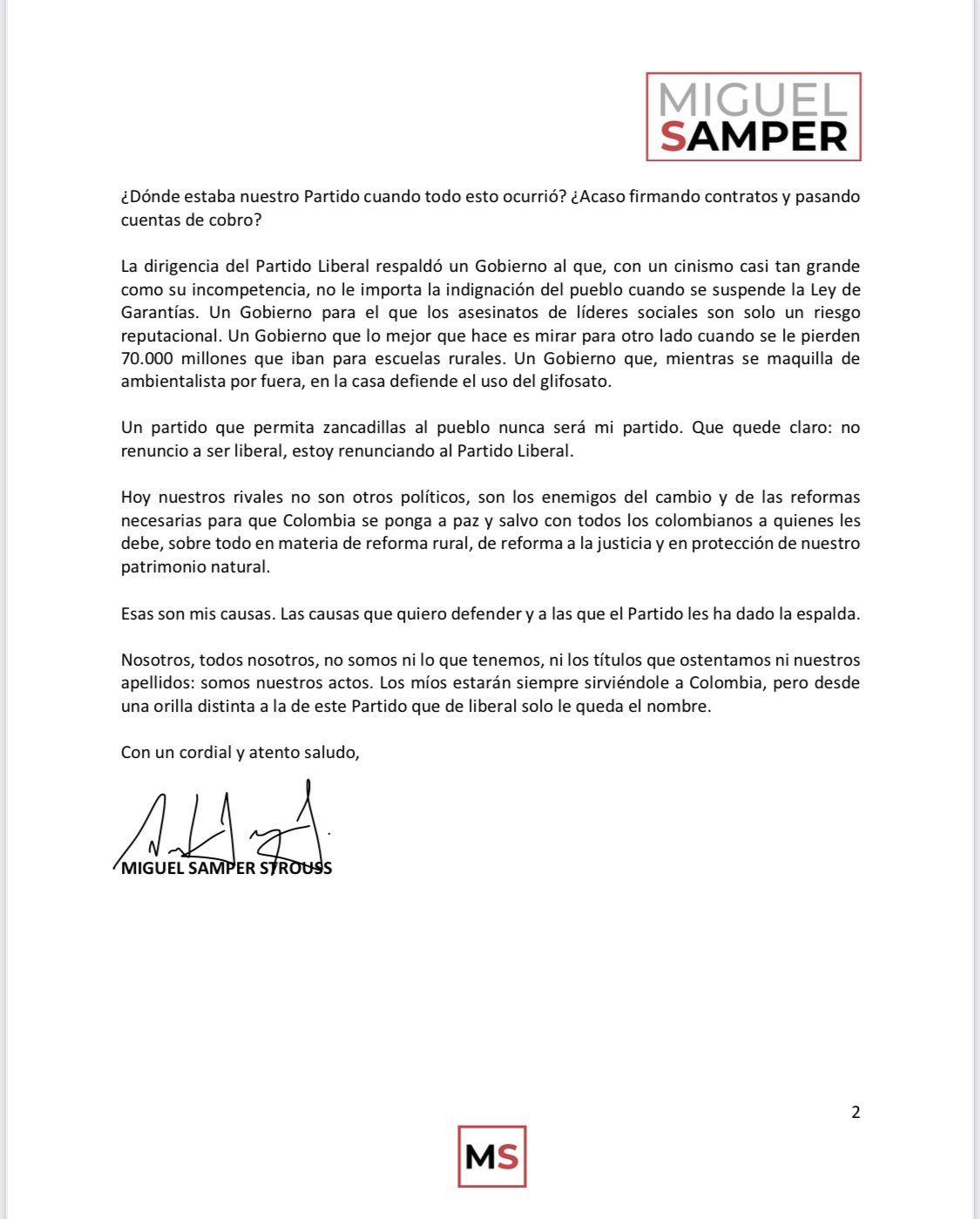 Carta de renuncia al Partido Liberal de Miguel Samper.