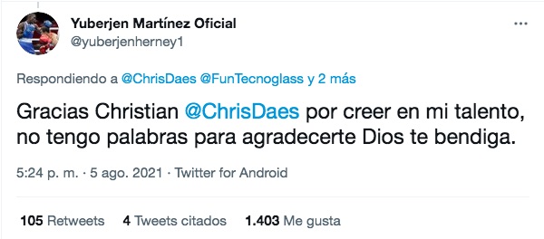 Respuesta de Yuberjen Martínez al empresario Christian Daes.
