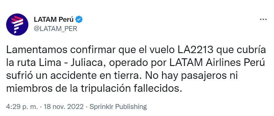 Tweet de Latam Perú.