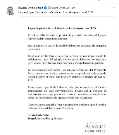 El comunicado del expresidente Uribe.