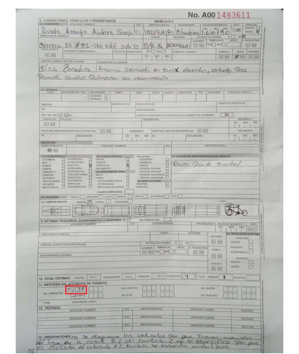Documento de la Policía sobre el accidente de la ciclista.