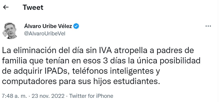 Tweet de Álvaro Uribe.