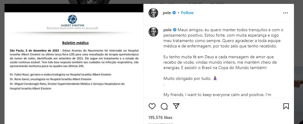 El mensaje de Pelé en Instagram