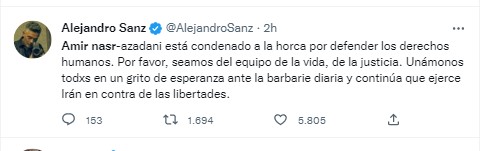 La reacción de Alejandro Sanz a la ejecución de Amir Nasr.