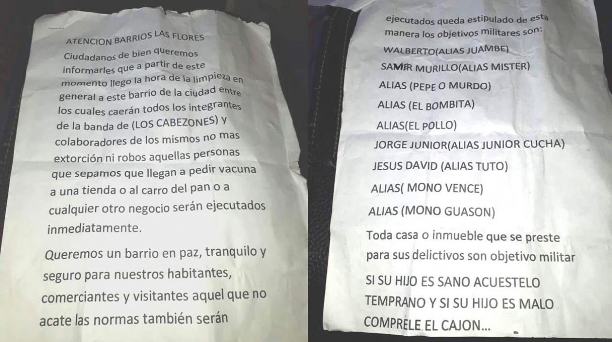 Panfleto que circuló en 2018 contra miembros de 'Los Cabezones'.