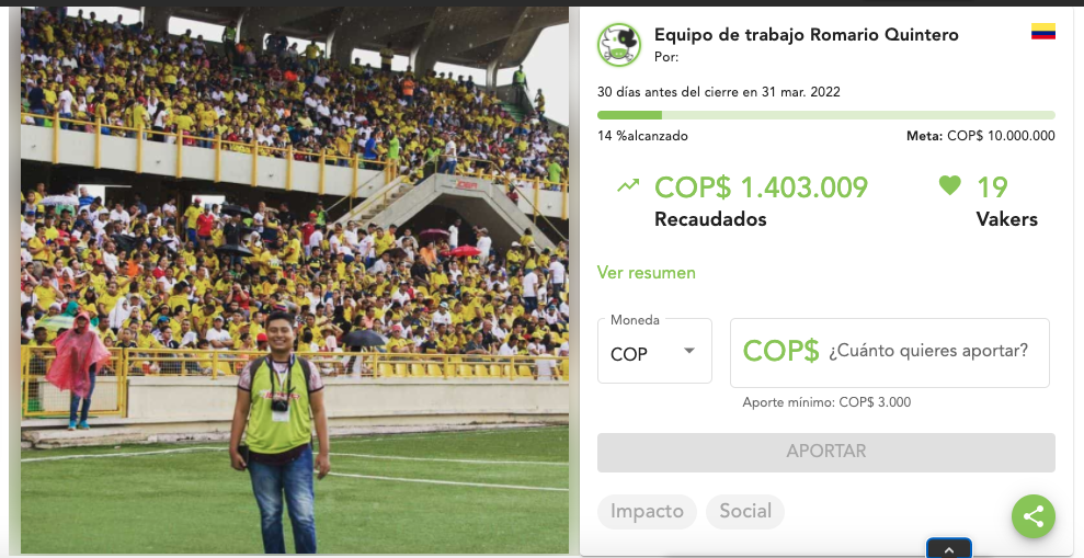La aplicación 'Vaky' donde se está recolectado el dinero para el joven periodista. 