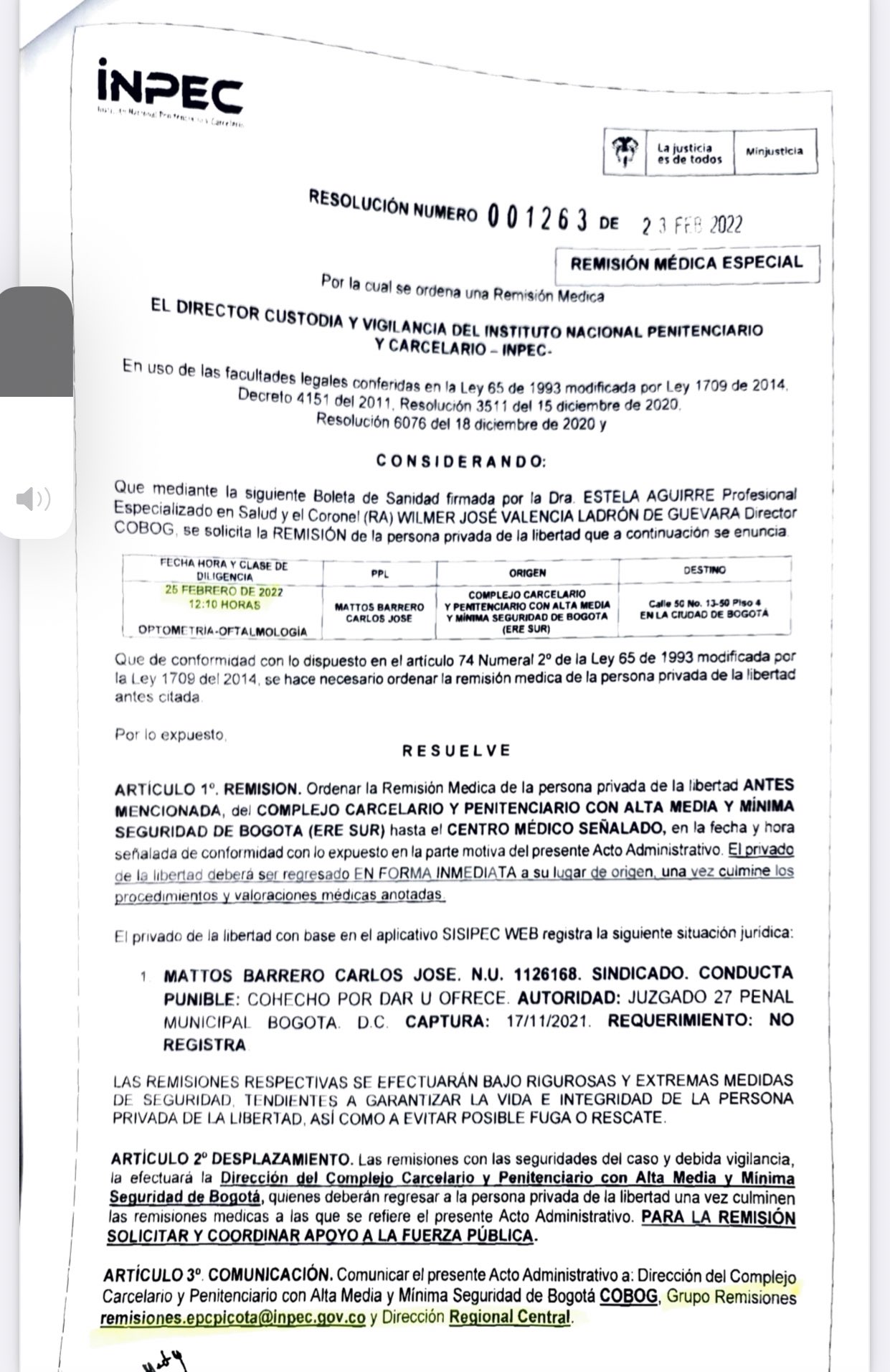 El acta de salida de Carlos Mattos, firmada por el coronel Joaquín Darío Medrano Muñoz.