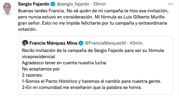 Los trinos de Sergio Fajardo y Francia Márquez.