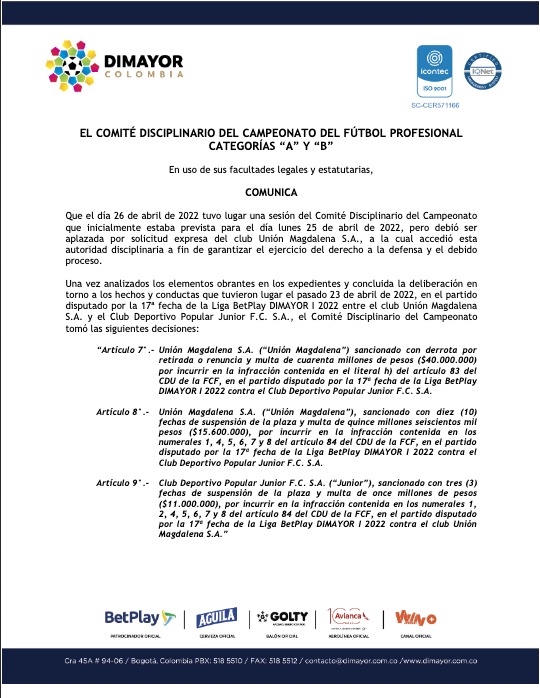 Decisión disciplinaria de la Dimayor por partido Unión-Junior 1