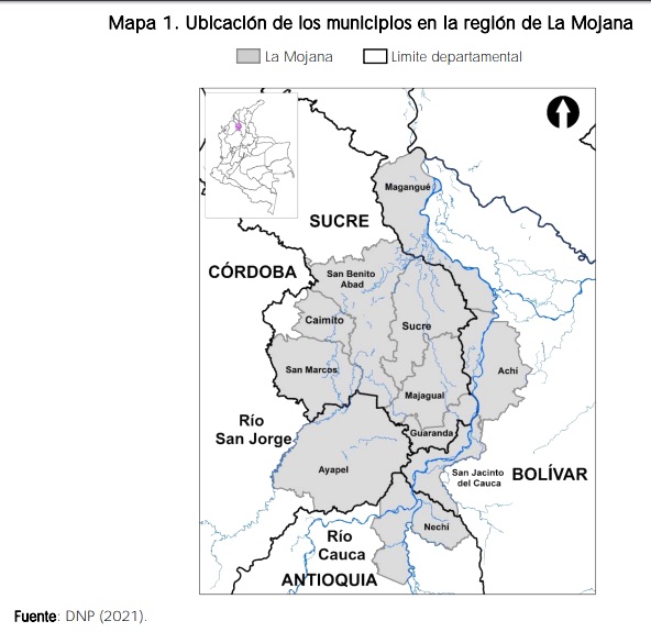 Ubicación de los municipios que conforman la región de La Mojana.