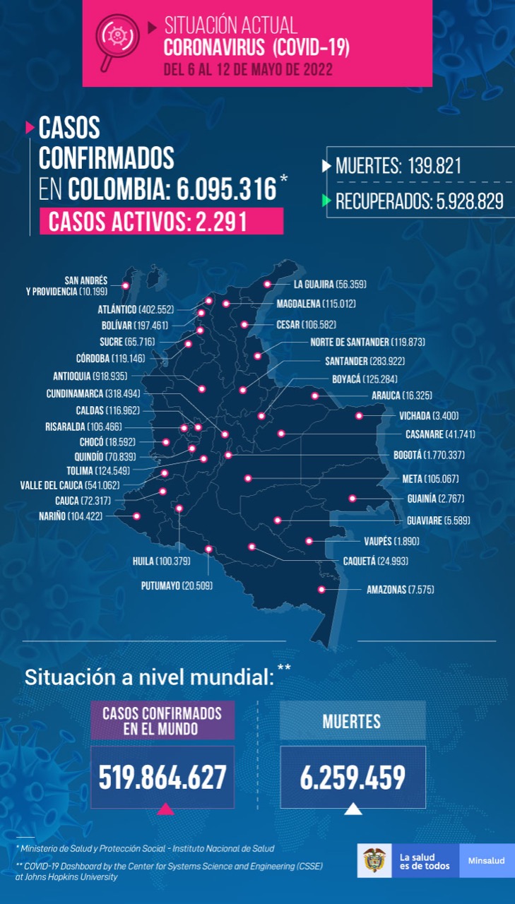 Mapa de Colombia de casos acumulados de Covid-19 a 12 de mayo de 2022.