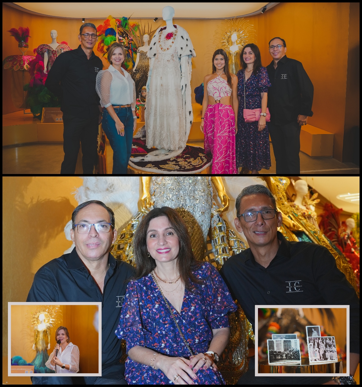 La gerente del Carnaval, Sandra Gómez, al centro, la  reina del Carnaval 2022, Valeria Charris; la reina del Carnaval 1995, Katia Nule y los diseñadores Richard Isaza y Carlos Cuello. 