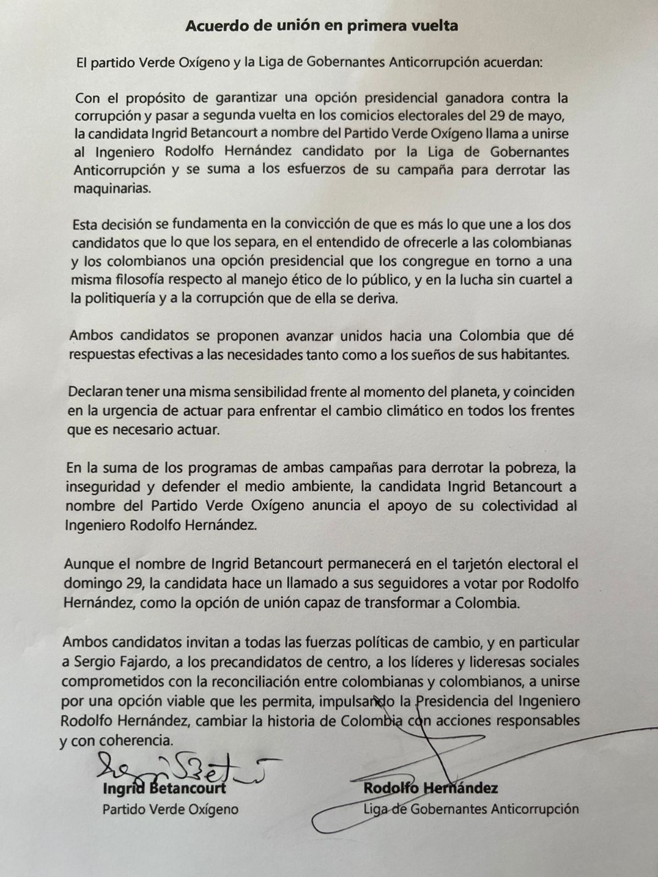 Acuerdo entre Rodolfo Hernández e Íngrid Betancourt.
