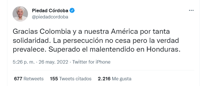Trino de la política Piedad Córdoba sobre su retención en Honduras.