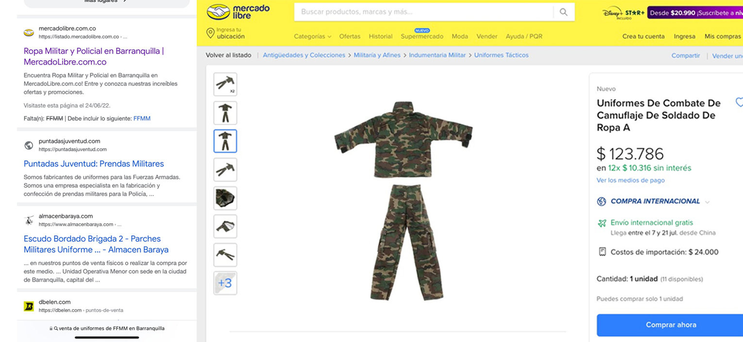 Así venden virtualmente ropa militar y de Policía