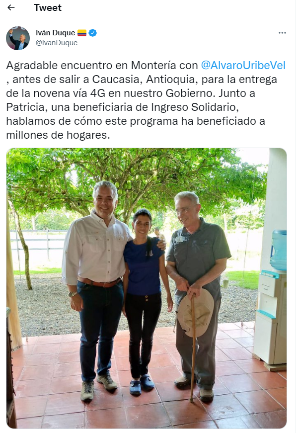 Publicación de Duque en su encuentro con el expresidente Álvaro Uribe.
