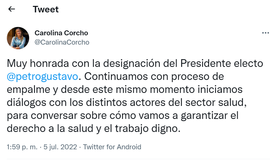 Tweet de Carolina Corcho.