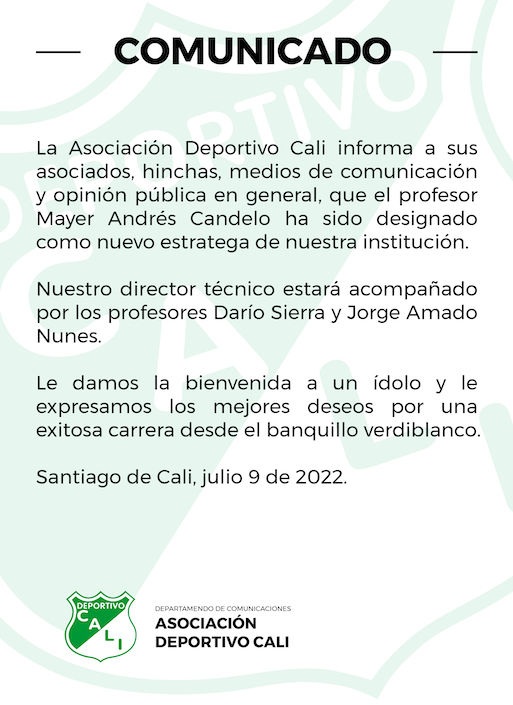 Comunicado oficial del Deportivo Cali.
