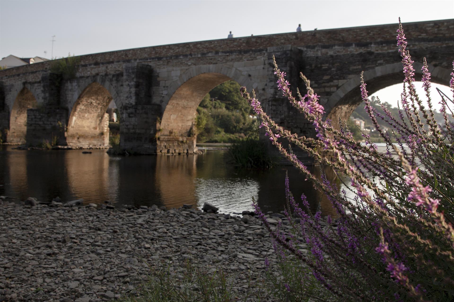 El caudal del río Miño sobre el Puente Romano de Lugo, España, bajó a niveles extremos.