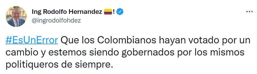 Tweet de Rodolfo Hernández.
