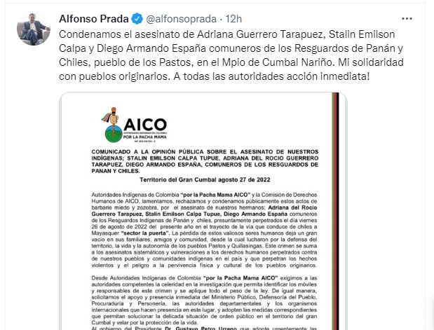 El trino del Ministro de Justicia, Alfonso Prada, en el mensaje de rechazo del asesinato de 3 indígenas.