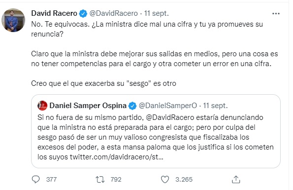 La respuesta de Racero a un trino del periodista Daniel Samper Ospina.