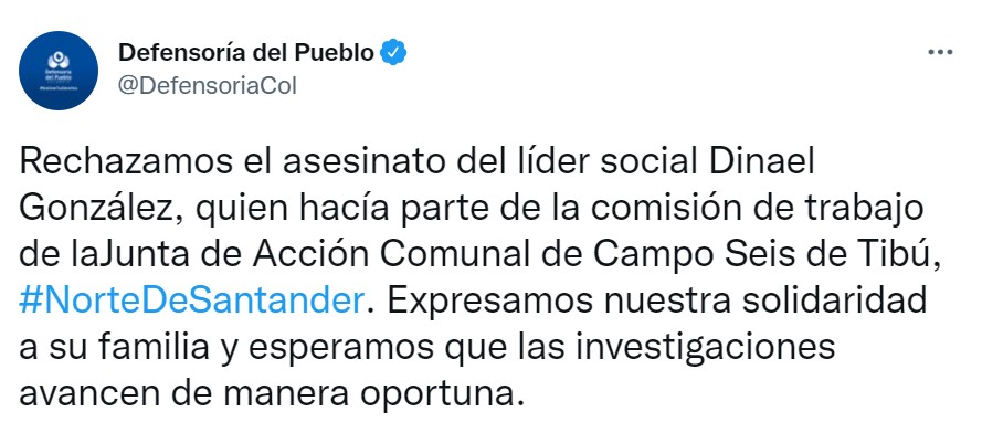Tweet de la Defensoría del Pueblo.
