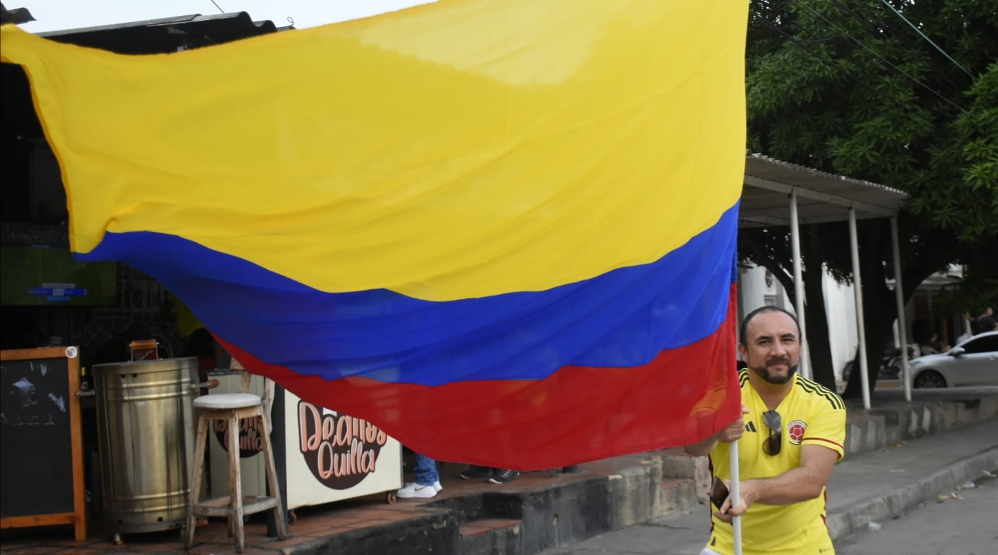 Un hincha ondeando la bandera de Colombia.