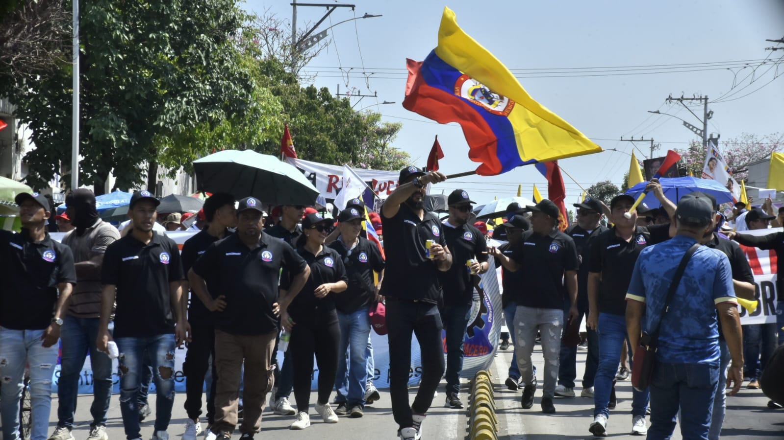 Marchantes con la bandera de Colombia.
