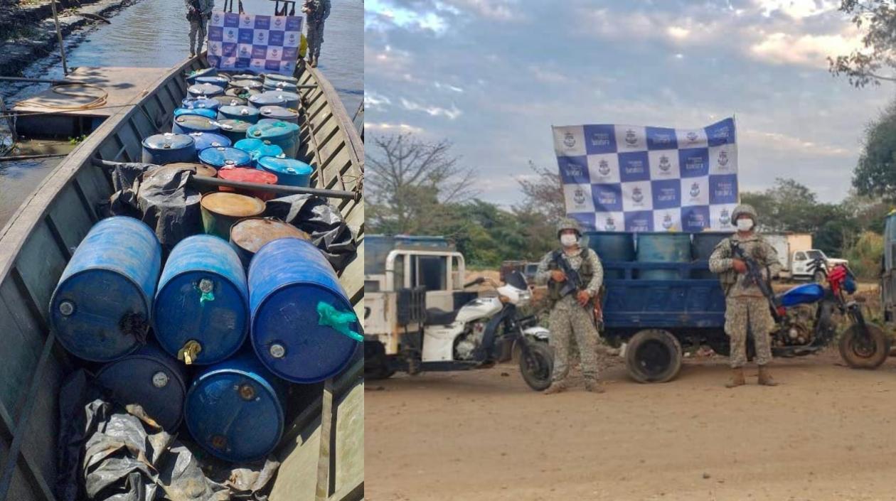 Galones de gasolina de contrabando incautados por la Armada Nacional. 